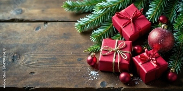 Obraz Festive Red Gifts and Ornaments Resting on a Rustic Wooden Surface Decorated with Evergreen Boughs and a Light Dusting of Snow