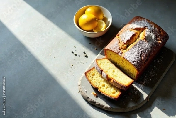 Obraz Sunlight Dapples Delicious Lemon Loaf Cake Sliced on a Rustic Board with Fresh Lemons