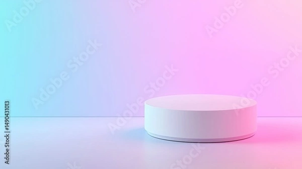 Fototapeta Minimalist white cylindrical platform against a vibrant blue and pink gradient background, ideal for product display or presentation.