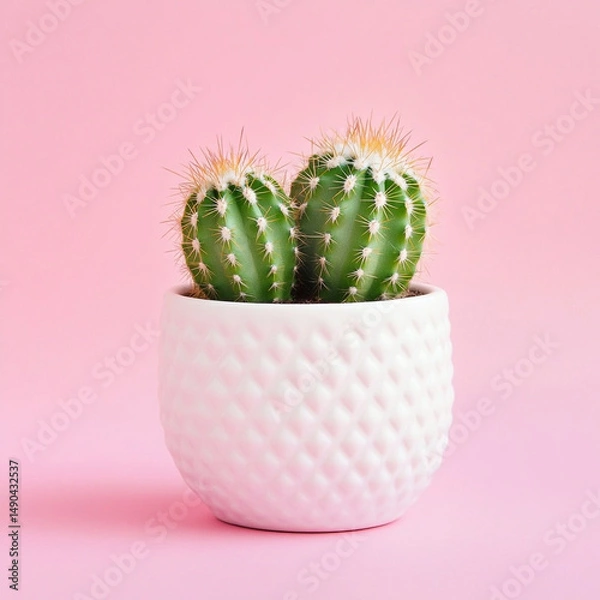 Fototapeta Two small round cute cacti in a pot on a plain background, a house plant studio photo shoot