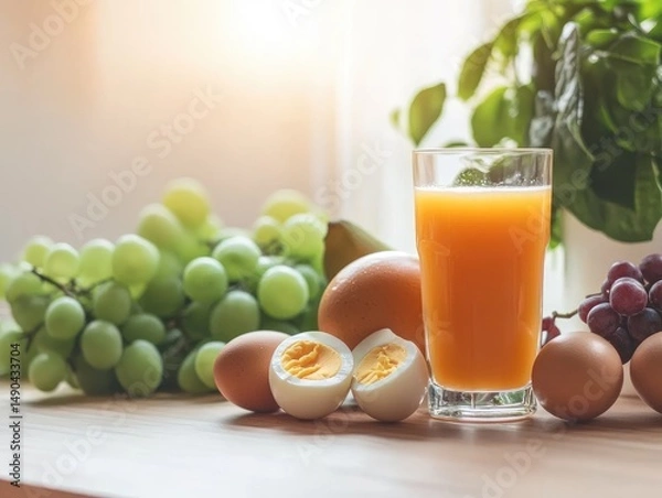 Fototapeta Healthy breakfast still life with juice grapes and eggs