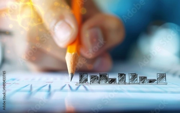 Fototapeta A pencil draws a bar graph on paper, symbolizing data analysis, business growth, and financial planning.