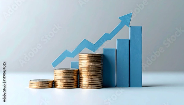 Obraz Blue And Gold Coins Stacked With Rising Graph Showing Financial Growth