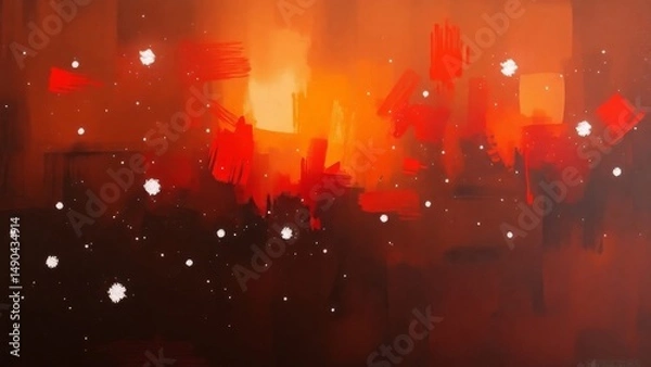 Fototapeta Dramatic red and dark abstract with a fiery, brushstroke center and scattered white particles. Intense, modern, and artistic design.