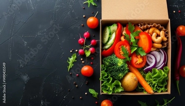 Fototapeta A colorful box of fresh vegetables, nuts, and greens sits on a dark textured surface with scattered ingredients.