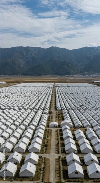 Obraz Aerial View of Extensive Temporary Housing Units Against a Mountainous Landscape in Rural Area