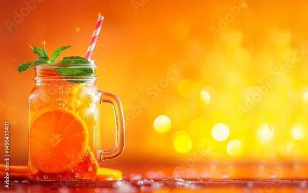 Fototapeta Refreshing orange drink in a mason jar with mint, ice, and a striped straw, set against a vibrant, glowing orange background.