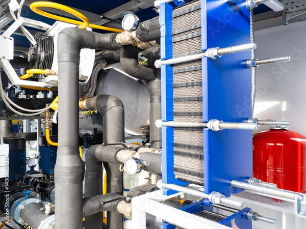 Obraz Plate heat exchanger system with insulated pipes, gauges, and valves in a modern industrial heating or cooling installation. Construction. Industrial equipment.