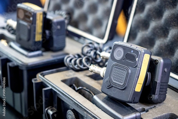 Obraz Multiple body cameras with charging cables placed in protective hard cases, used for law enforcement or private security operations. Customs. Security operations.