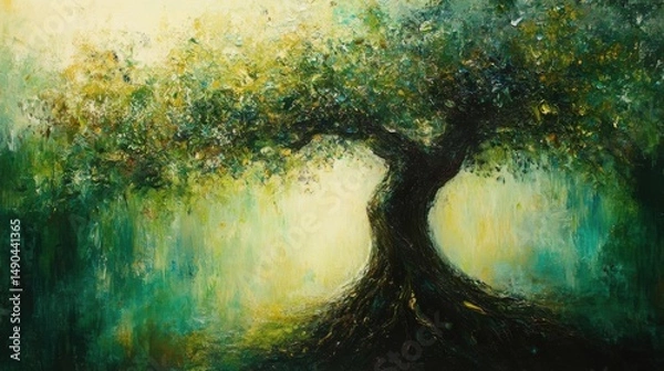 Obraz Oil Painting of a Tree with Green Foliage