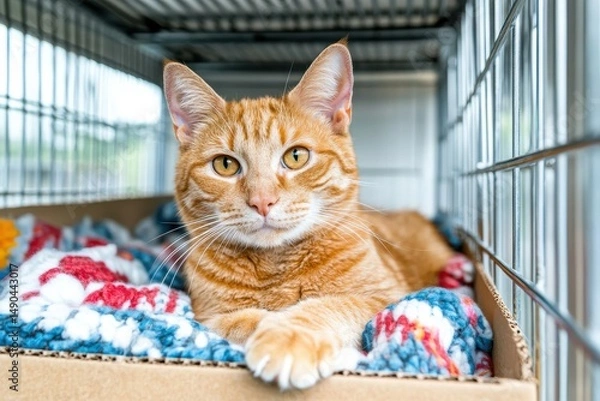 Obraz Charming orange tabby cat resting comfortably in a cozy kennel, showcasing its playful nature and vibrant eyes while surrounded by colorful blankets and a serene environment.