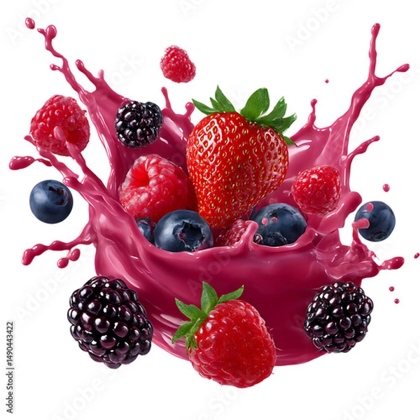 Fototapeta An image showing a vibrant splash of pink liquid with a variety of berries including strawberries, raspberries, blueberries, and blackberries. The image is isolated on a white background