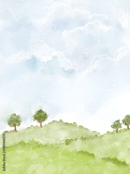 Obraz green field and blue sky with clouds