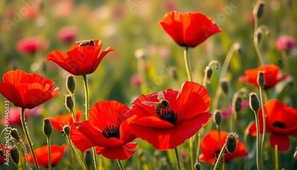 Fototapeta Vibrant red poppies glistening with morning dew, bee and butterfly on wildflower meadow, fresh, botanical