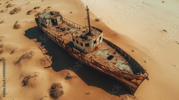 Fototapeta Aerial view of an old abandoned ship in the sand. Rusty shipwreck in the desert. Concept of travel, adventure, and environmental impact. Sand dunes and the remains of a vessel.