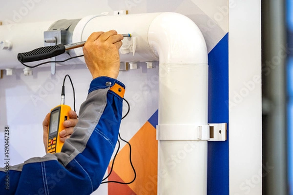 Obraz Technical diagnostics gas detector. Device for finding gas leaks. Technical diagnostics of pipes after installation. Gas company employee is looking for propane leak. Energy infrastructure security