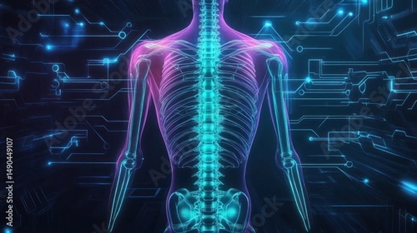 Fototapeta Human skeletal system overlaid with circuit board