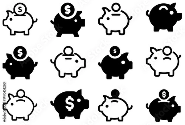 Fototapeta Piggy Bank Icon Set – Savings, Money Box, Finance Vector Symbols:
Cute and functional piggy bank icons, ideal for representing savings, personal finance, and money management in your projects.