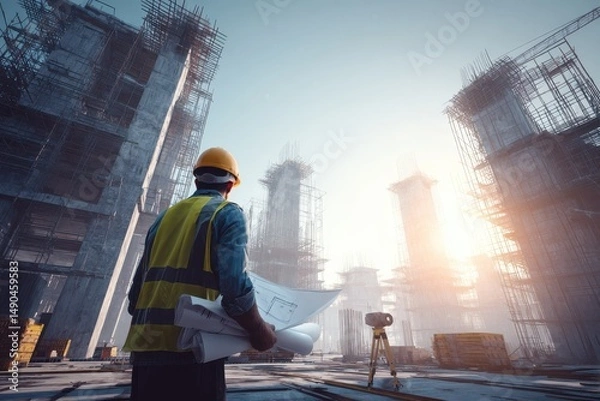 Obraz Construction Worker Observing Progress of Building Site with Blueprints in Hand During Sunrise, Focused on Urban Development and Project Planning