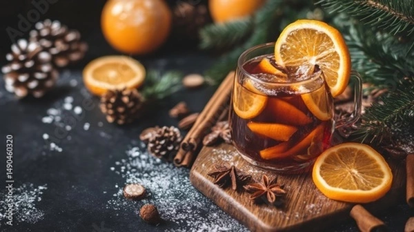 Obraz Festive mulled wine beverage with orange slices and spices on a dark background