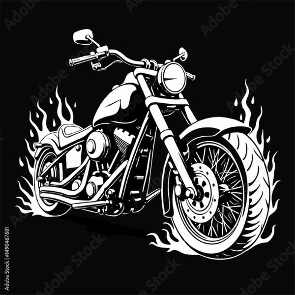 Fototapeta Vector black and white t-shirt design with biker motorcycle
and fire on black background.
Fashionable print for fabric, paper, men clothing,
hoodie, biker jacket. T shirt template with flame.