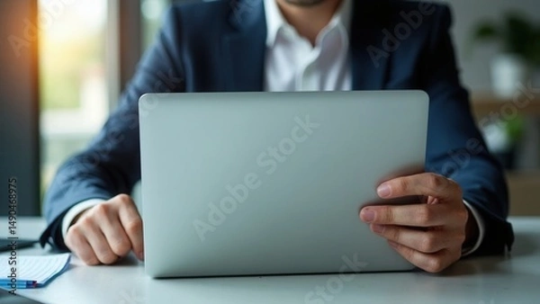 Fototapeta Businessman using laptop and analyzing economic growth, financial graph and business investment. planning strategy, stock market statistics, stock market trends, technical analysis.
