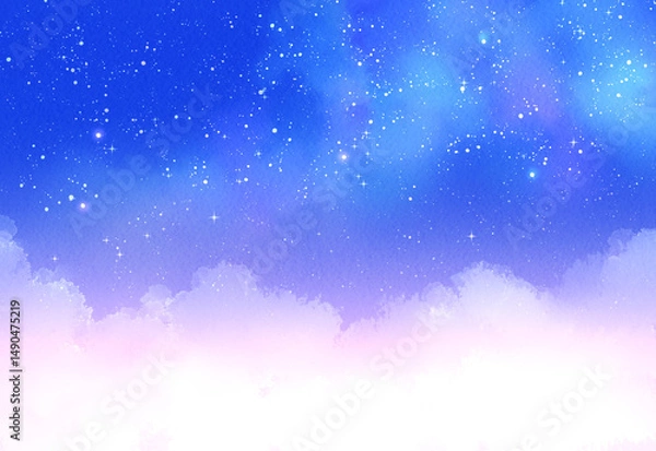 Obraz キラキラと輝く星空と雲　背景イラスト　青　紫　夜空	