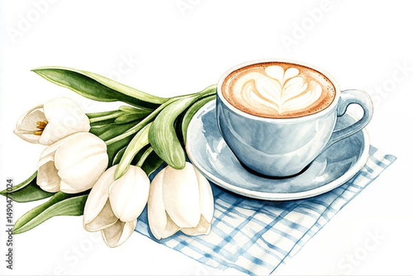 Fototapeta drawing pale blue cappuccino cup with saucer on pale blue plaid, next to a bouquet of white tulips, watercolor clipart, white background, pastel shades
