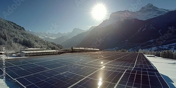 Fototapeta Massive Solar Panel Array on Alpine Hotel Roof: Sustainable Energy Meets Snowy Mountain Grandeur. Aerial Wide-Angle Capture of Renewable Power Generation Amidst Nature's Majestic Backdrop. Innovative 