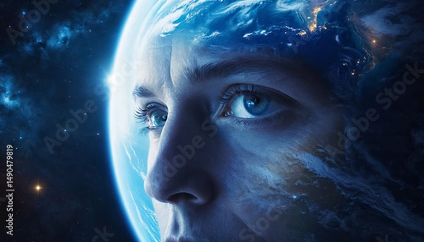 Fototapeta Image of a human face superimposed on the Earth in space, Science fiction concept, generative AI.