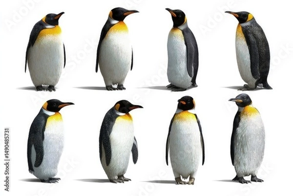 Obraz Standing penguins in two rows showcasing unique colors and patterns high-resolution wildlife portrait of black and white birds with orange markings isolated on white background