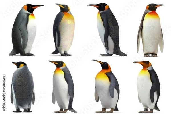 Obraz Standing penguins in two rows showcasing unique colors and patterns high-resolution wildlife portrait of black and white birds with orange markings isolated on white background