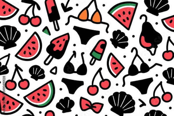 Fototapeta Summer vector illustration featuring playful patterns of fruit, swimwear, and summer treats in vibrant colors