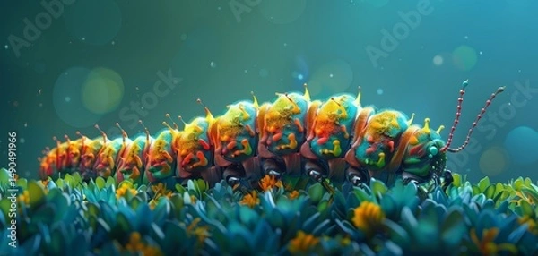 Fototapeta A colorful caterpillar crawls through vibrant foliage, surrounded by glowing bokeh and lush greenery in a whimsical, close-up scene.