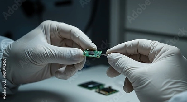Fototapeta Assembling Microchip by Human Hands Wearing Gloves
