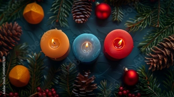 Fototapeta Three colorful candles surrounded by pinecones, evergreen branches, and red ornaments create a festive holiday atmosphere.