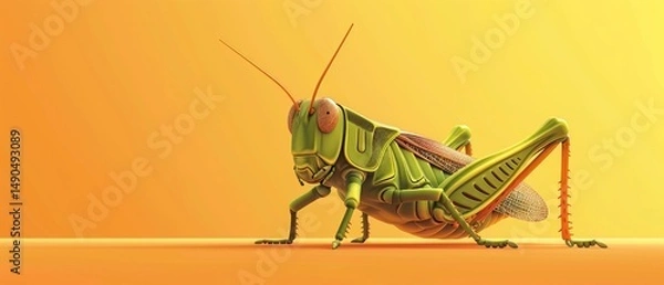 Fototapeta A green grasshopper stands on an orange surface against a yellow background, displaying its detailed body and long antennae.