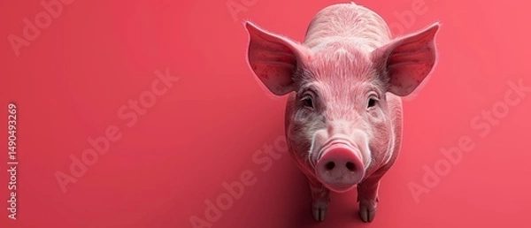 Fototapeta A pink pig standing on a solid pink background, facing forward with alert ears and curious eyes.