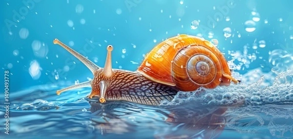 Fototapeta A snail with a detailed shell moves through water, surrounded by splashes and bubbles against a bright blue background.
