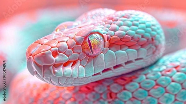 Fototapeta Close-up of a colorful snake with detailed, iridescent scales and a striking eye, captured in vibrant lighting.