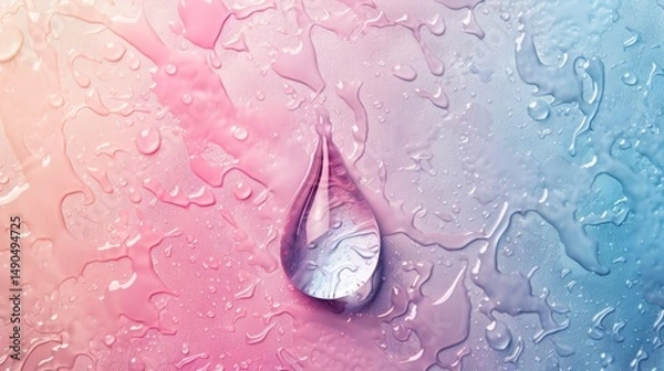Fototapeta A single water droplet rests on a colorful, wet surface with pink and blue gradients and scattered droplets.