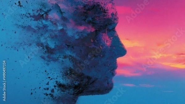 Fototapeta A human face dissolves into blue and pink clouds, blending with a vibrant, abstract sunset sky.