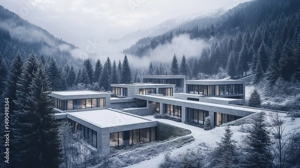 Fototapeta Aerial View of Massive Concrete Platform Surrounded by Misty Forest: Winter Landscape for Creative Car Advertising. Modern Architectural Marvel in Nature, Perfect for Abstract Commercial Backgrounds a