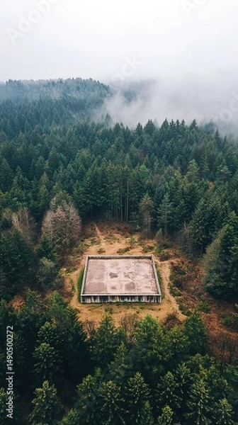 Fototapeta Aerial View of Massive Concrete Platform Surrounded by Misty Forest: Winter Landscape for Creative Car Advertising. Modern Architectural Marvel in Nature, Perfect for Abstract Commercial Backgrounds a
