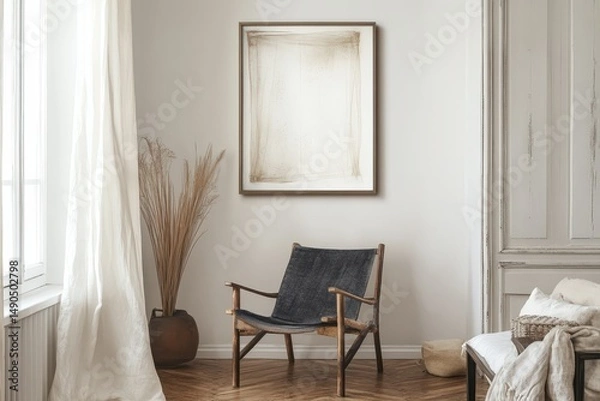 Obraz Interior design with abstract art and a modern chair.