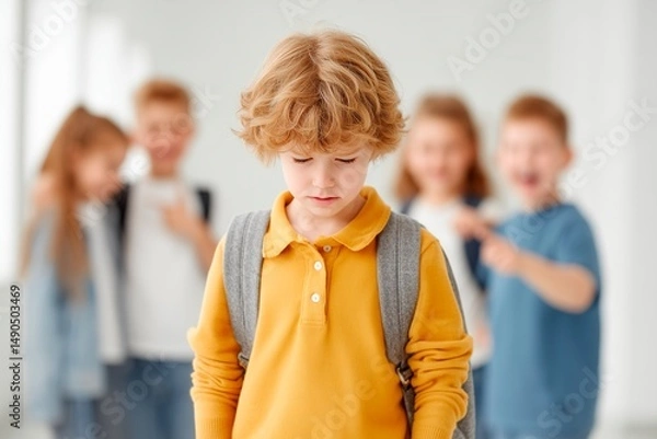 Obraz Sad boy feeling isolated at school. Social isolation and bullying concept in education.