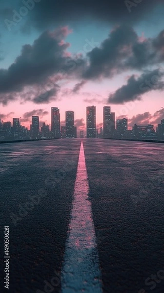 Fototapeta Futuristic Cyberpunk Cityscape: Empty Airfield with Green Deck at Golden Hour. Surreal Car Advertisement Background with Sci-Fi Skyline. Creative Abstract Commercial Design for Posters, Banners, and D