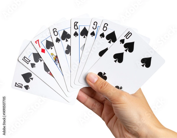 Obraz Fanned Playing Cards Held in Hand, Transparent PNG on transparent Background