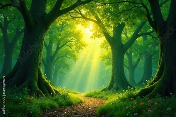 Obraz Emerald canopy ablaze with sunset hues, shimmering leaves reflecting the fading light , foliage, emerald