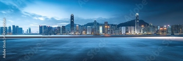 Fototapeta Dramatic Rooftop Helipad: Urban Skyline at Dusk. Spacious Landing Area on Skyscraper with City Lights Illuminating Modern Architecture. Creative Abstract Commercial Background for Car Advertisements a